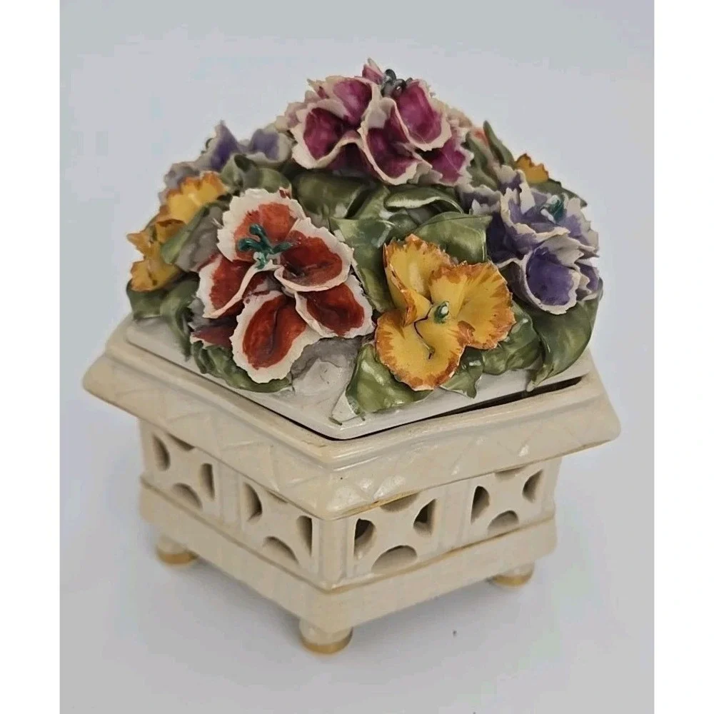 Vtg Bavaria Lid Floral Pansy Footed Trinket Candy Coin Dish Flawed READ‎